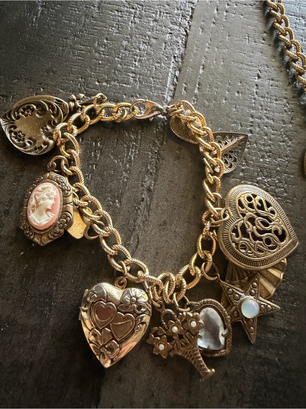 Gold-Tone Heart Charm Bracelet with Cameo and Star Accents